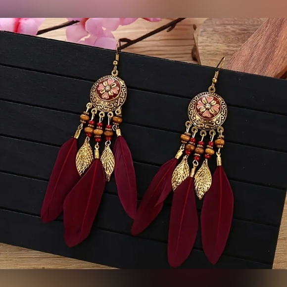 2 Pairs For $20! Elegant Gold and Red Feather Earrings NIP! - Picture 1 of 1
